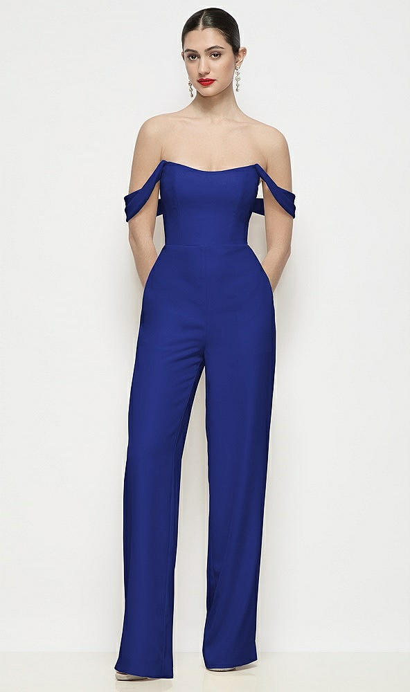 Front View - Cobalt Blue Off-the-Shoulder Basque Neck Crepe Wide Leg Formal Jumpsuit