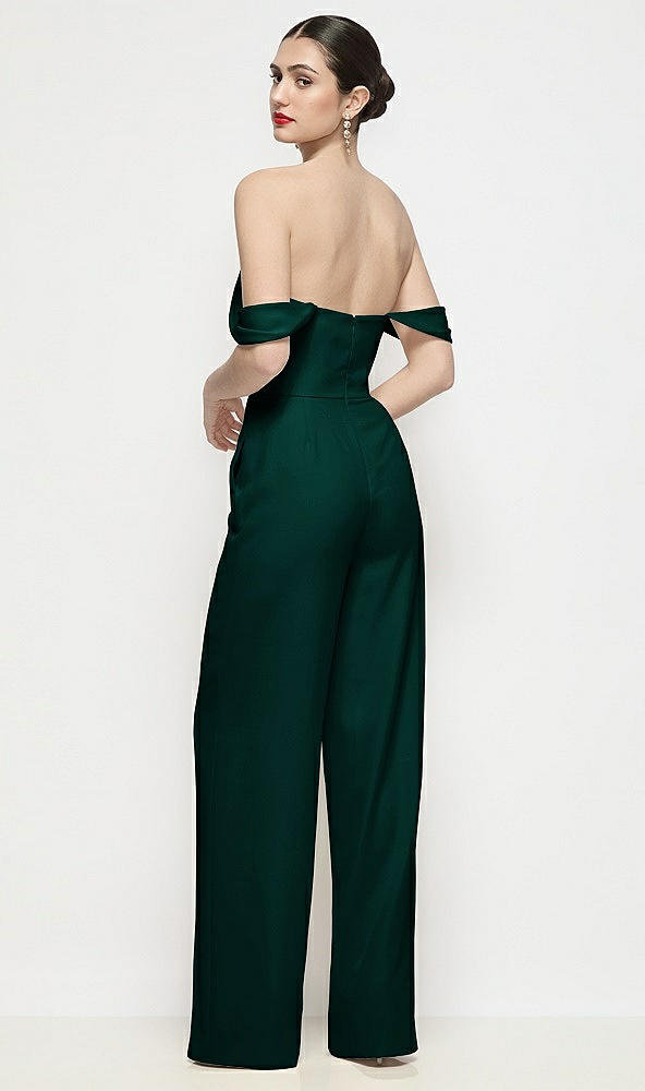 Back View - Evergreen Off-the-Shoulder Basque Neck Crepe Wide Leg Formal Jumpsuit