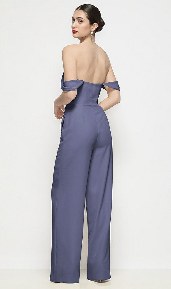 Back View - French Blue Off-the-Shoulder Basque Neck Crepe Wide Leg Formal Jumpsuit