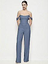 Front View Thumbnail - Larkspur Blue Off-the-Shoulder Basque Neck Crepe Wide Leg Formal Jumpsuit