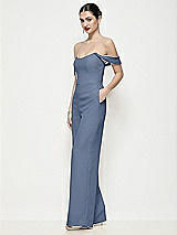 Side View Thumbnail - Larkspur Blue Off-the-Shoulder Basque Neck Crepe Wide Leg Formal Jumpsuit