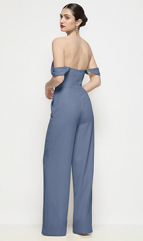 Back View - Larkspur Blue Off-the-Shoulder Basque Neck Crepe Wide Leg Formal Jumpsuit