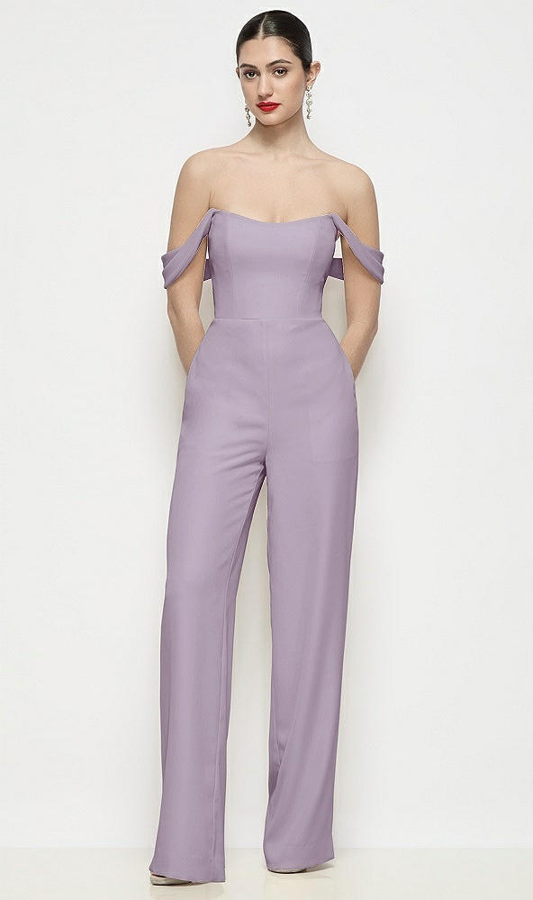 Front View - Lilac Haze Off-the-Shoulder Basque Neck Crepe Wide Leg Formal Jumpsuit
