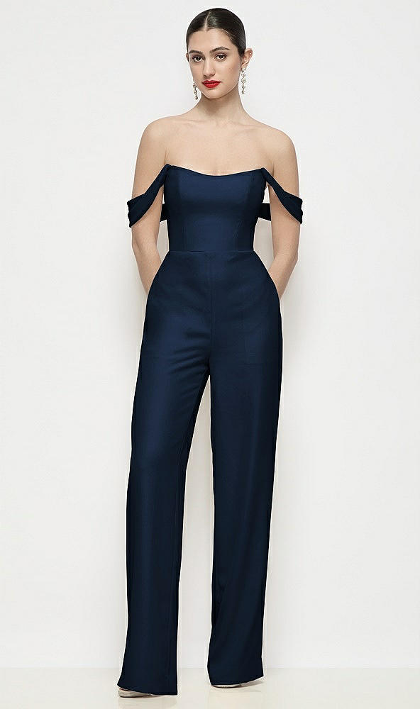 Front View - Midnight Navy Off-the-Shoulder Basque Neck Crepe Wide Leg Formal Jumpsuit