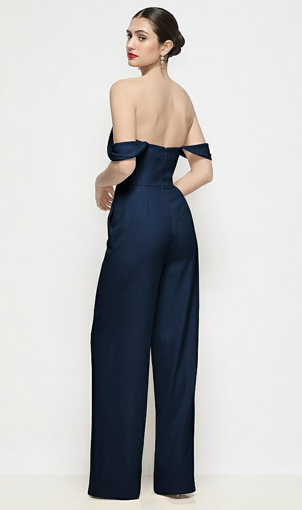 Back View - Midnight Navy Off-the-Shoulder Basque Neck Crepe Wide Leg Formal Jumpsuit
