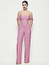 Front View Thumbnail - Powder Pink Off-the-Shoulder Basque Neck Crepe Wide Leg Formal Jumpsuit