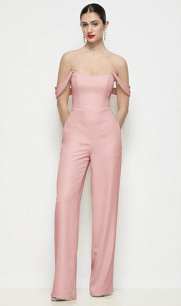 Front View - Rose Off-the-Shoulder Basque Neck Crepe Wide Leg Formal Jumpsuit