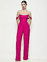 Front View Thumbnail - Think Pink Off-the-Shoulder Basque Neck Crepe Wide Leg Formal Jumpsuit