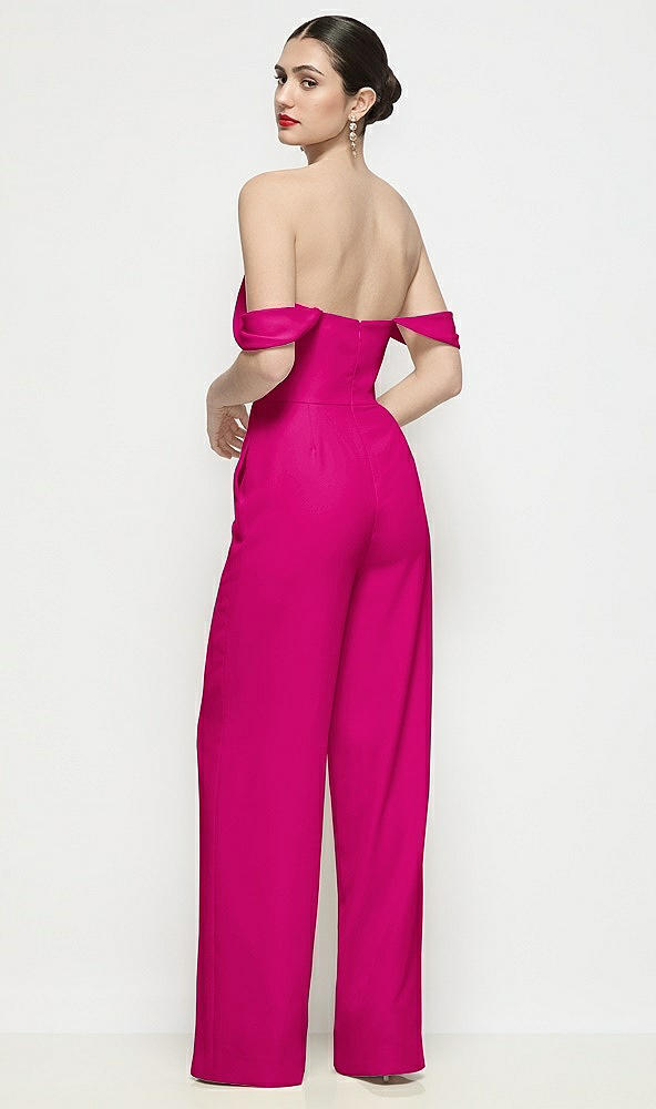 Back View - Think Pink Off-the-Shoulder Basque Neck Crepe Wide Leg Formal Jumpsuit