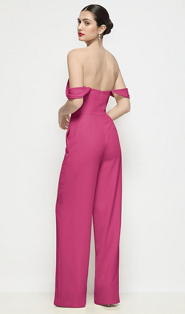 Back View - Tea Rose Off-the-Shoulder Basque Neck Crepe Wide Leg Formal Jumpsuit
