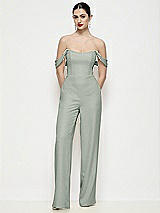 Front View Thumbnail - Willow Green Off-the-Shoulder Basque Neck Crepe Wide Leg Formal Jumpsuit