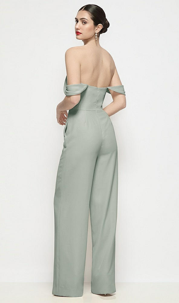 Back View - Willow Green Off-the-Shoulder Basque Neck Crepe Wide Leg Formal Jumpsuit