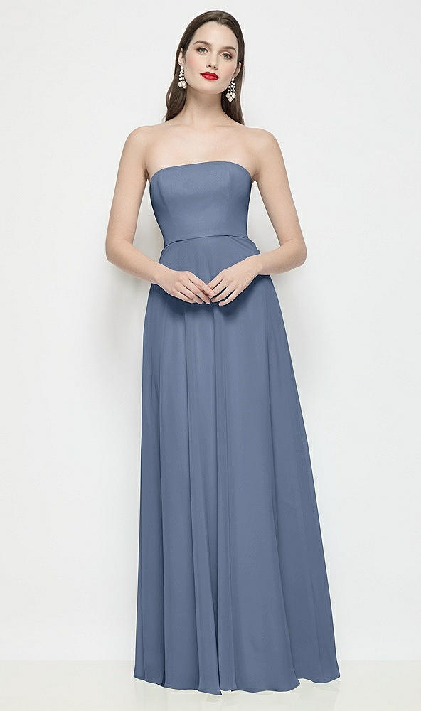 Front View - Larkspur Blue Strapless Chiffon Maxi Dress with Soft Circle Skirt