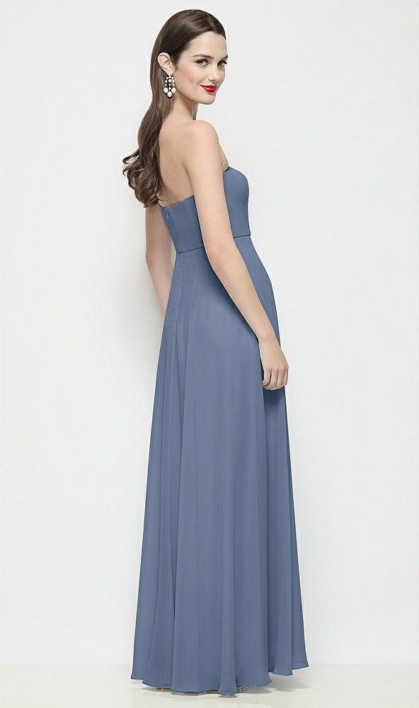 Back View - Larkspur Blue Strapless Chiffon Maxi Dress with Soft Circle Skirt