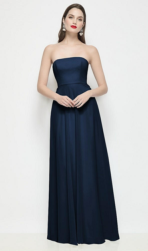 Front View - Midnight Navy Strapless Chiffon Maxi Dress with Soft Circle Skirt