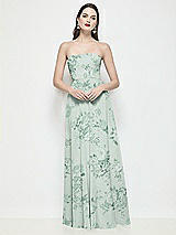 Front View Thumbnail - Mint Green Floral Strapless Chiffon Floral Maxi Dress with Soft Circle Skirt