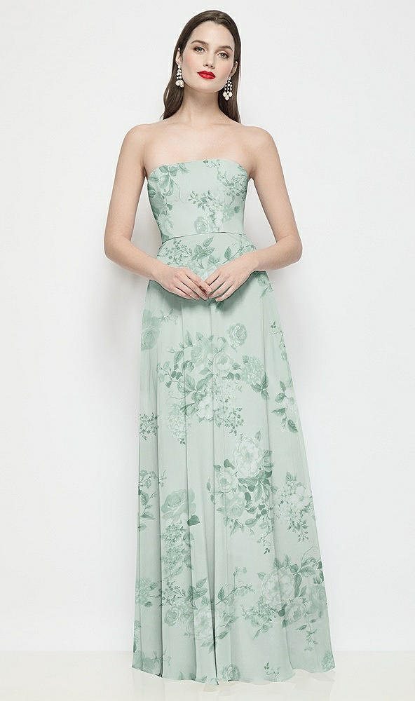 Front View - Mint Green Floral Strapless Chiffon Floral Maxi Dress with Soft Circle Skirt
