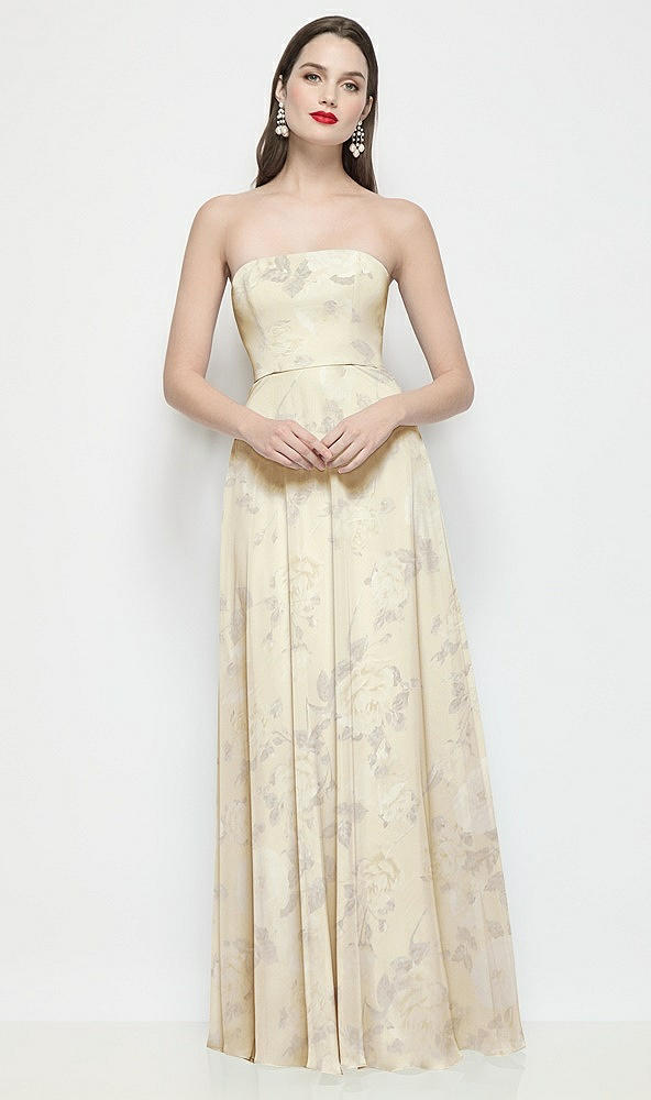Front View - Butter Yellow Floral Strapless Chiffon Floral Maxi Dress with Soft Circle Skirt