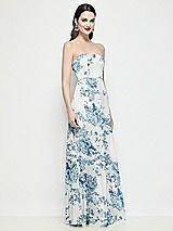 Side View Thumbnail - Cottage Rose Dusk Blue Strapless Chiffon Floral Maxi Dress with Soft Circle Skirt