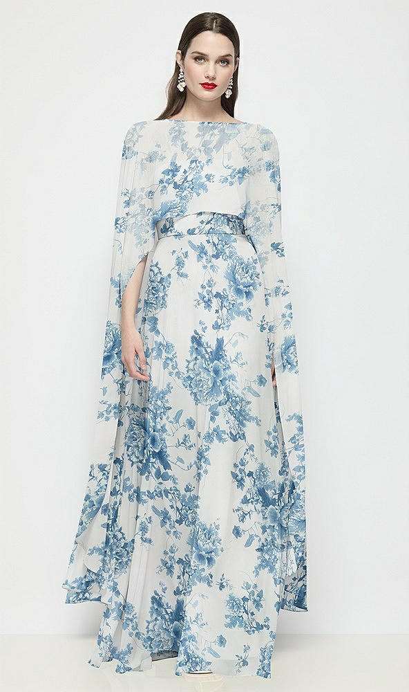 Front View - Cottage Rose Dusk Blue High-Low Sheer Floral Chiffon Cape