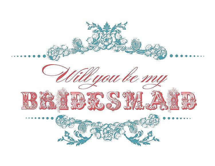 Front View - Aquamarine & Perfect Coral Will You Be My Bridesmaid Card - Vintage