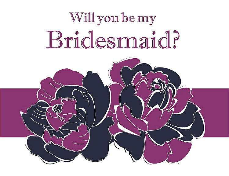 Front View - Navy Blue & Persian Plum Will You Be My Bridesmaid Card - 2 Color Flowers