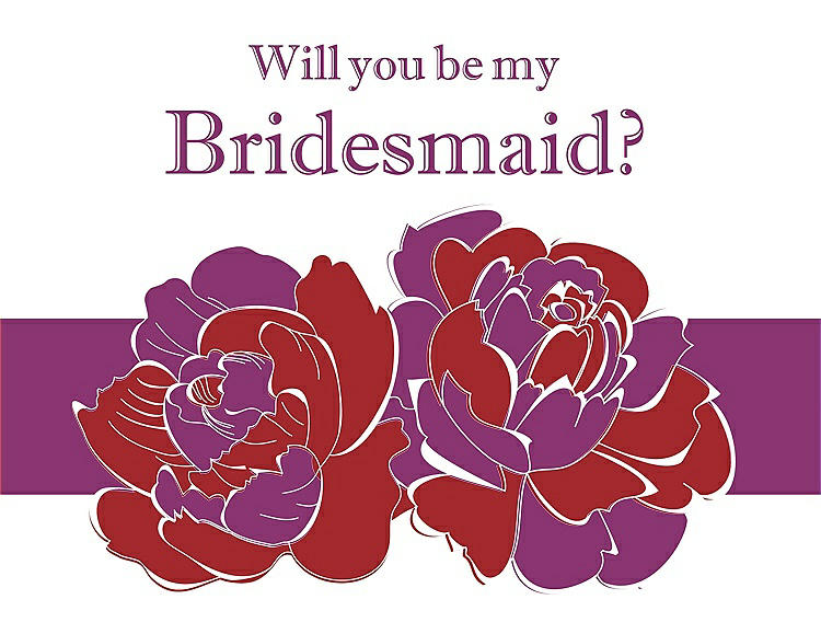 Front View - Ribbon Red & Persian Plum Will You Be My Bridesmaid Card - 2 Color Flowers
