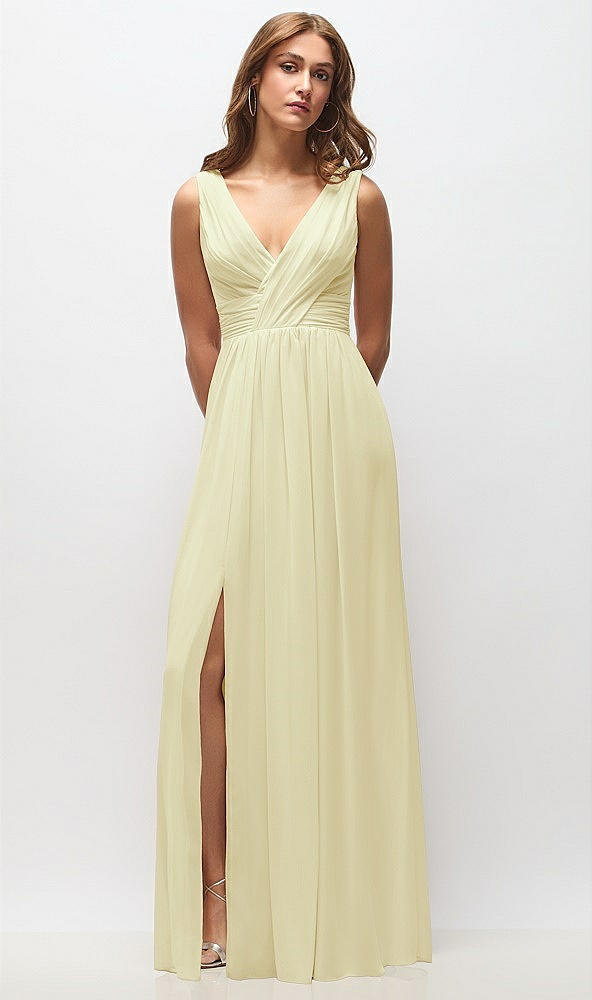 Front View - Butter Yellow Sleeveless Draped Chiffon Maxi Dress with Front Slit