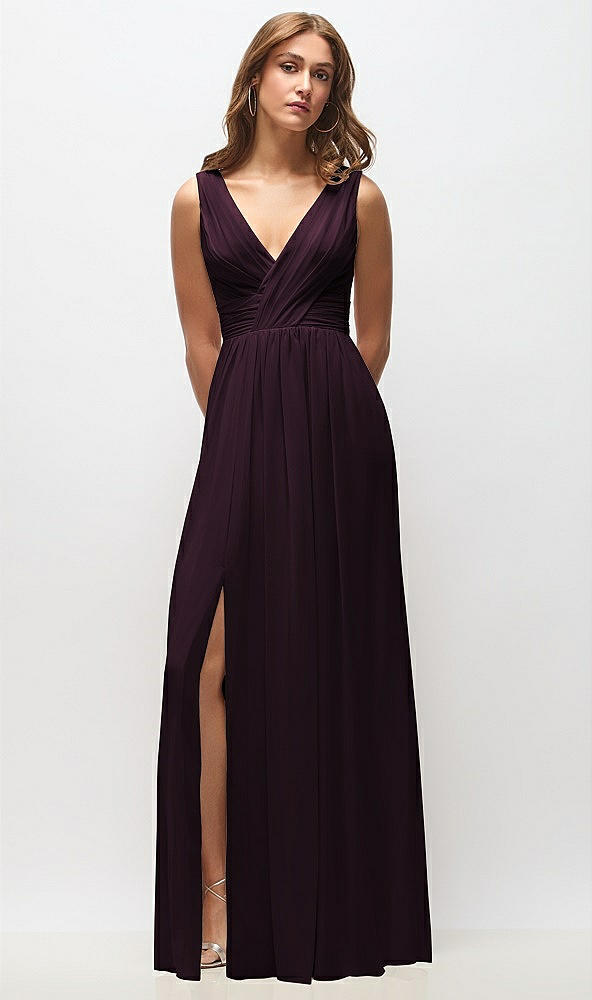 Front View - Deep Plum Sleeveless Draped Chiffon Maxi Dress with Front Slit