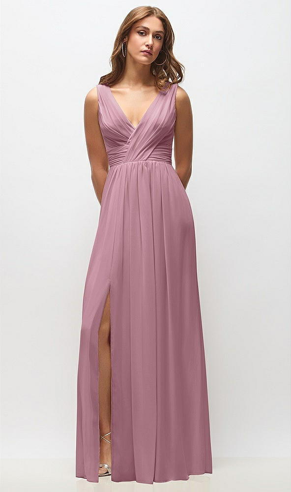 Front View - Dusty Pink Sleeveless Draped Chiffon Maxi Dress with Front Slit