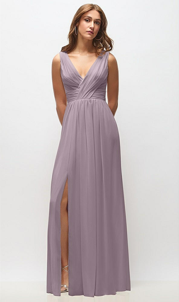 Front View - Lilac Dusk Sleeveless Draped Chiffon Maxi Dress with Front Slit