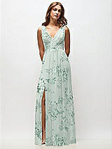 Front View Thumbnail - Mint Green Floral Sleeveless Draped Chiffon Maxi Dress with Front Slit