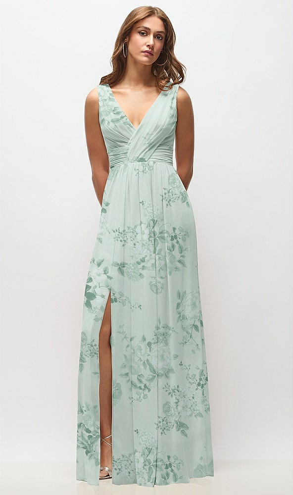 Front View - Mint Green Floral Sleeveless Draped Chiffon Maxi Dress with Front Slit