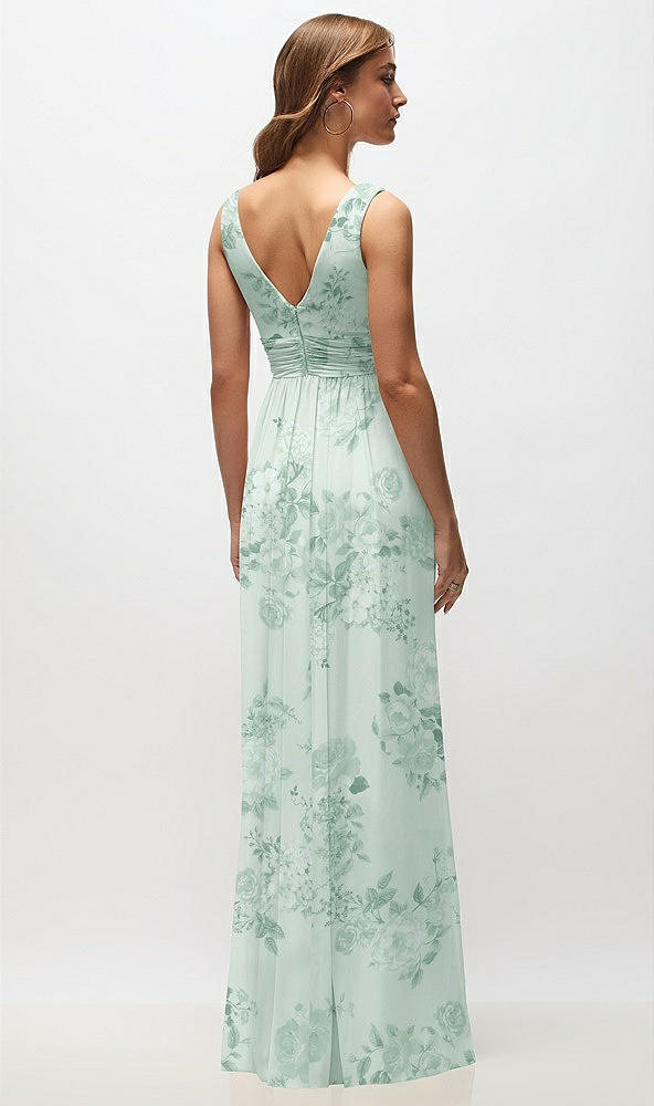 Back View - Mint Green Floral Sleeveless Draped Chiffon Maxi Dress with Front Slit