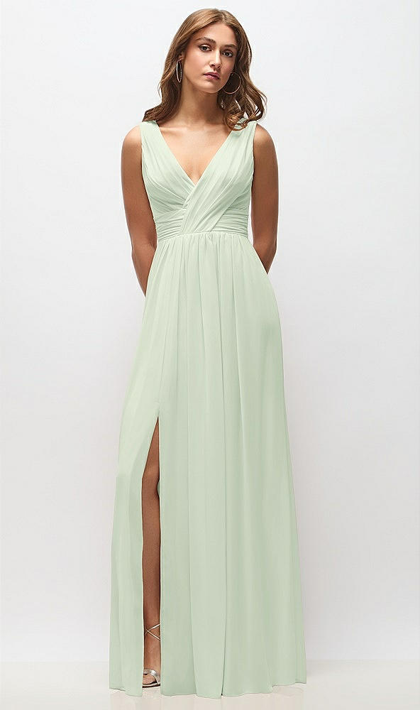 Front View - Mint Green Sleeveless Draped Chiffon Maxi Dress with Front Slit
