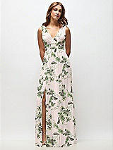 Front View Thumbnail - Palm Beach Print Sleeveless Draped Chiffon Maxi Dress with Front Slit