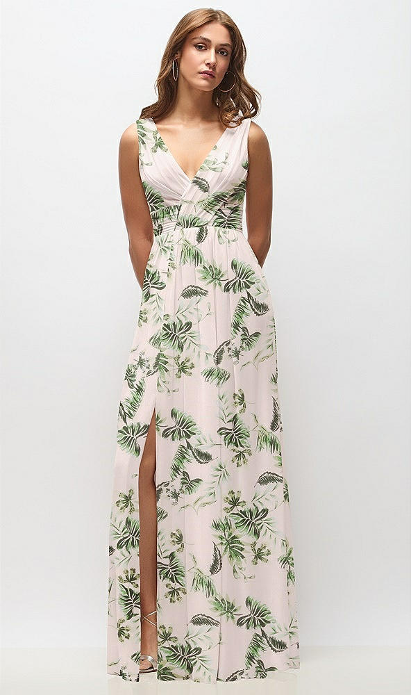 Front View - Palm Beach Print Sleeveless Draped Chiffon Maxi Dress with Front Slit
