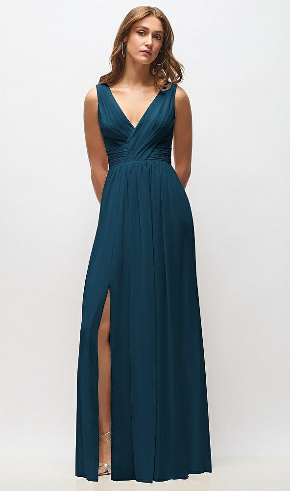 Front View - Atlantic Blue Sleeveless Draped Chiffon Maxi Dress with Front Slit