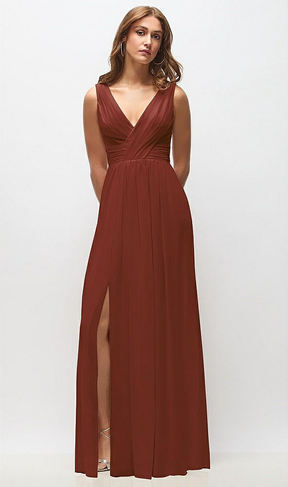 Front View - Auburn Moon Sleeveless Draped Chiffon Maxi Dress with Front Slit