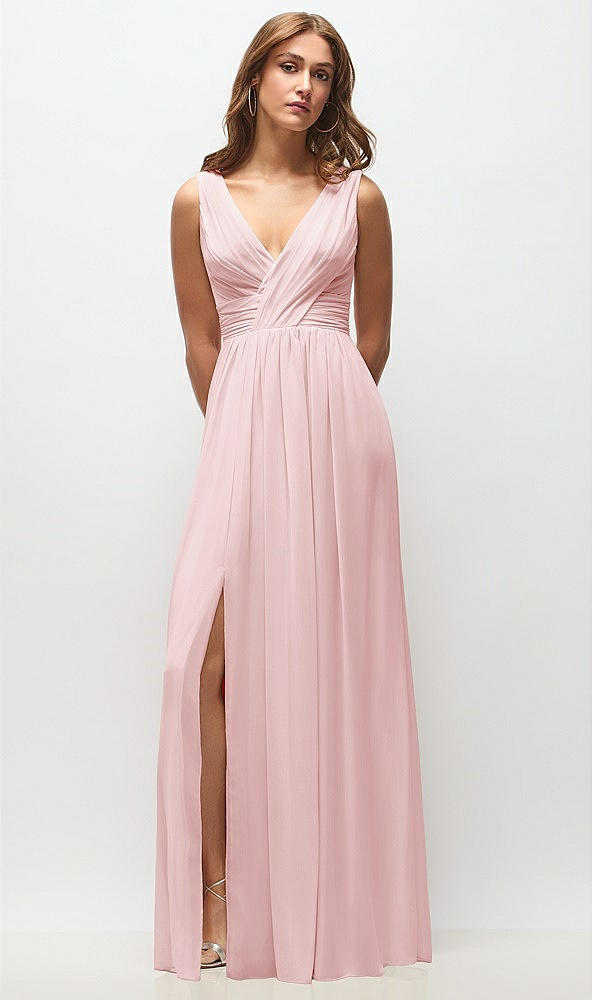 Front View - Ballet Pink Sleeveless Draped Chiffon Maxi Dress with Front Slit