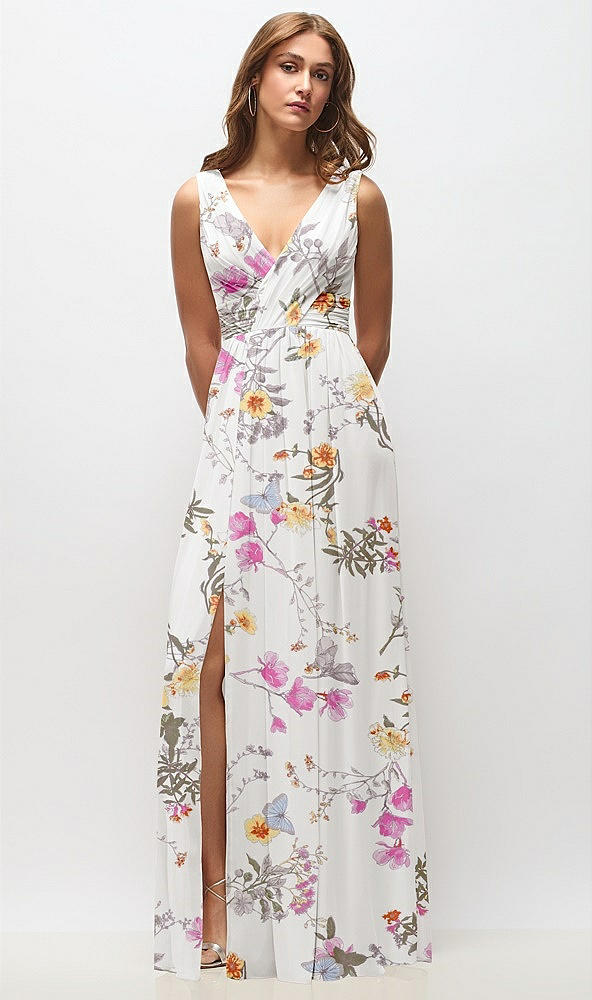 Front View - Butterfly Botanica Ivory Sleeveless Draped Chiffon Maxi Dress with Front Slit