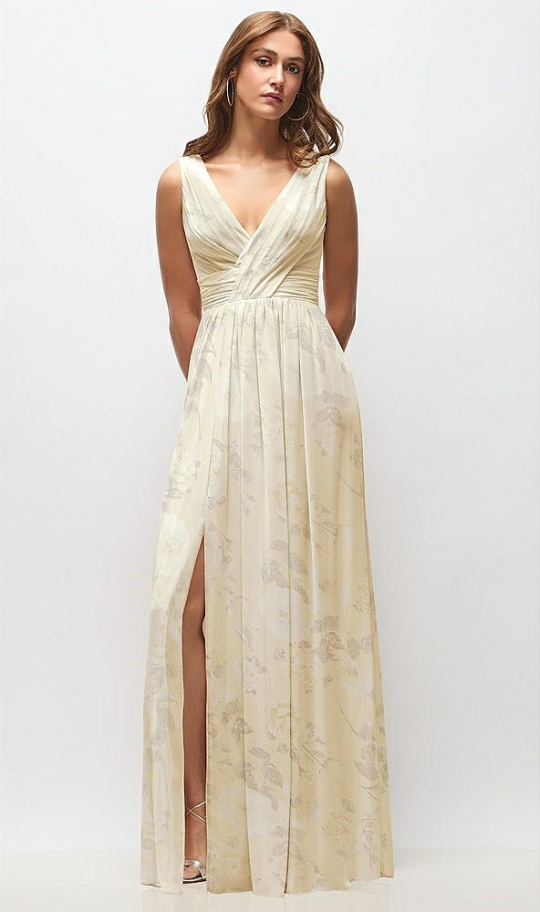 Front View - Butter Yellow Floral Sleeveless Draped Chiffon Maxi Dress with Front Slit