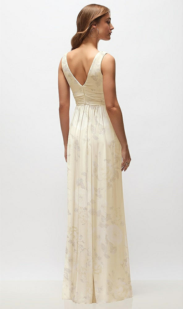 Back View - Butter Yellow Floral Sleeveless Draped Chiffon Maxi Dress with Front Slit