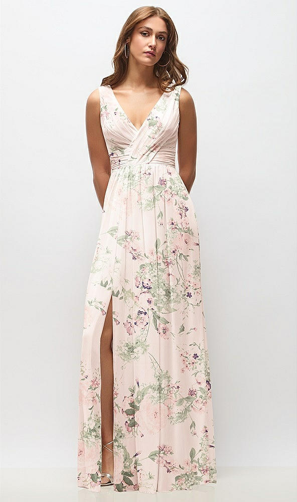 Front View - Blush Garden Sleeveless Draped Chiffon Maxi Dress with Front Slit