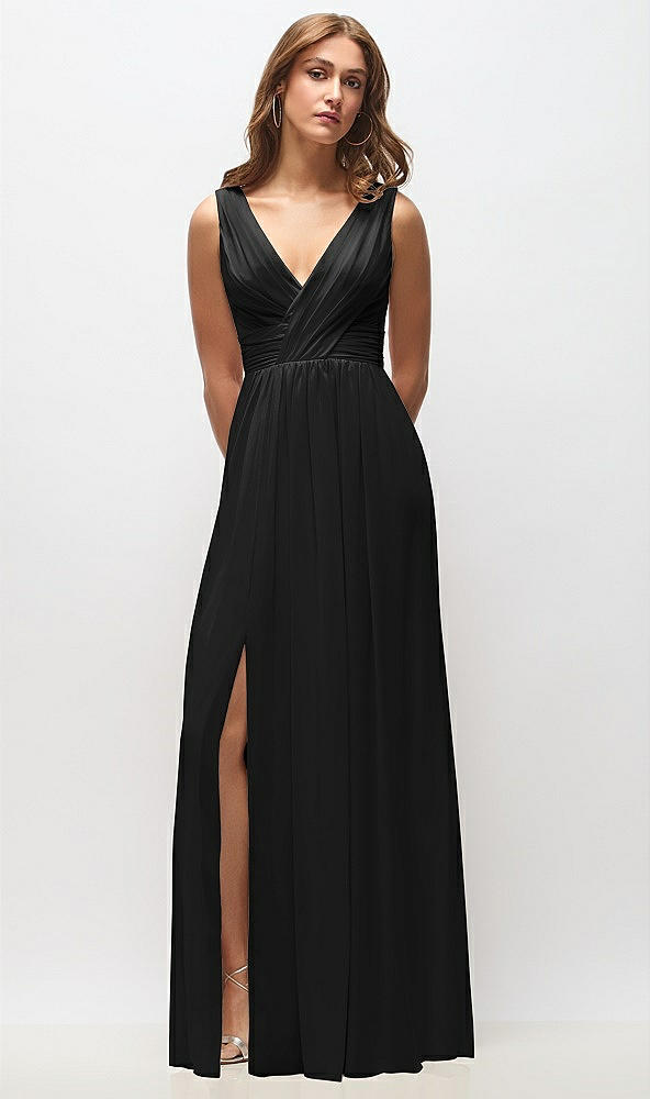 Front View - Black Sleeveless Draped Chiffon Maxi Dress with Front Slit