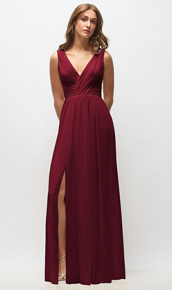 Front View - Burgundy Sleeveless Draped Chiffon Maxi Dress with Front Slit