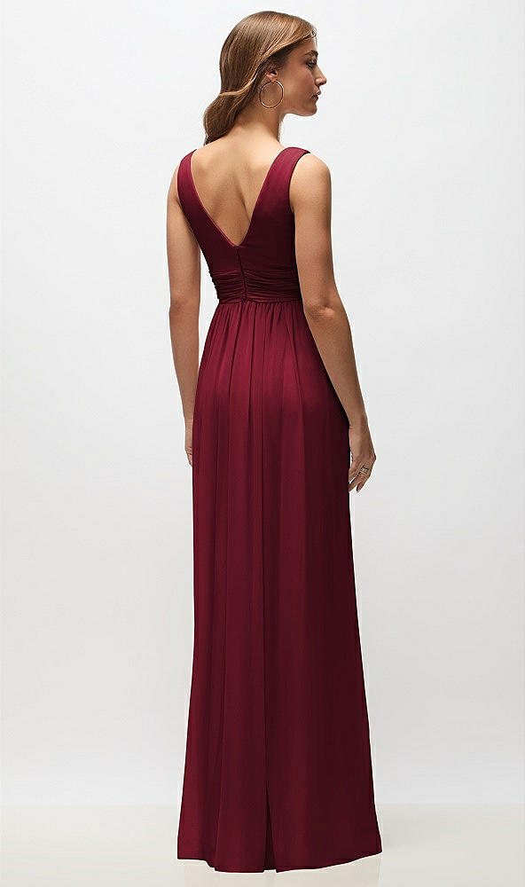 Back View - Burgundy Sleeveless Draped Chiffon Maxi Dress with Front Slit