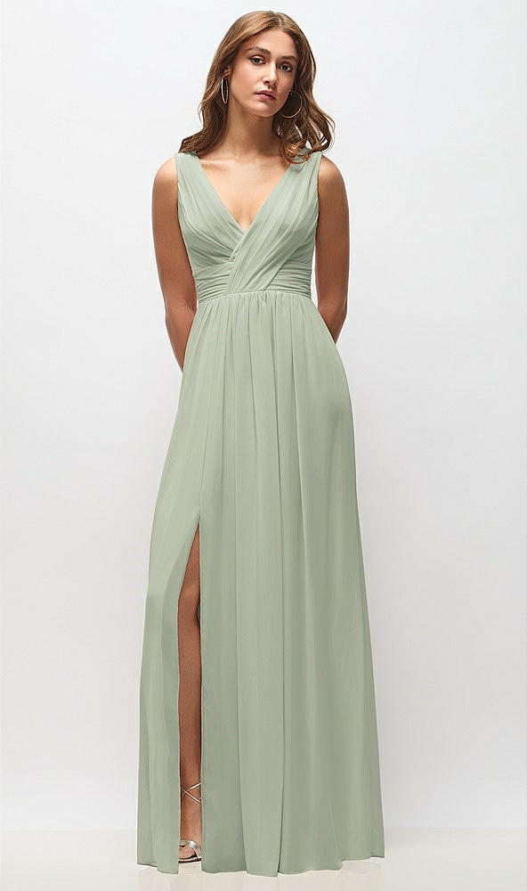 Front View - Celadon Sleeveless Draped Chiffon Maxi Dress with Front Slit