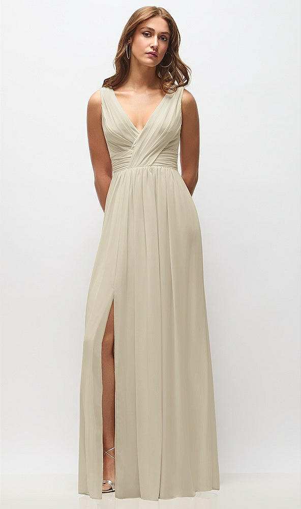 Front View - Champagne Sleeveless Draped Chiffon Maxi Dress with Front Slit
