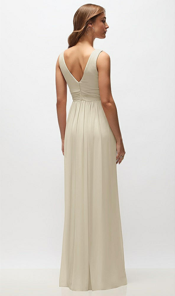 Back View - Champagne Sleeveless Draped Chiffon Maxi Dress with Front Slit